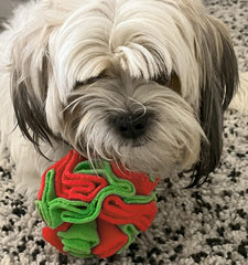Glory To Dog snuffle ball folds showcase plush fleece for hide-and-seek treats.