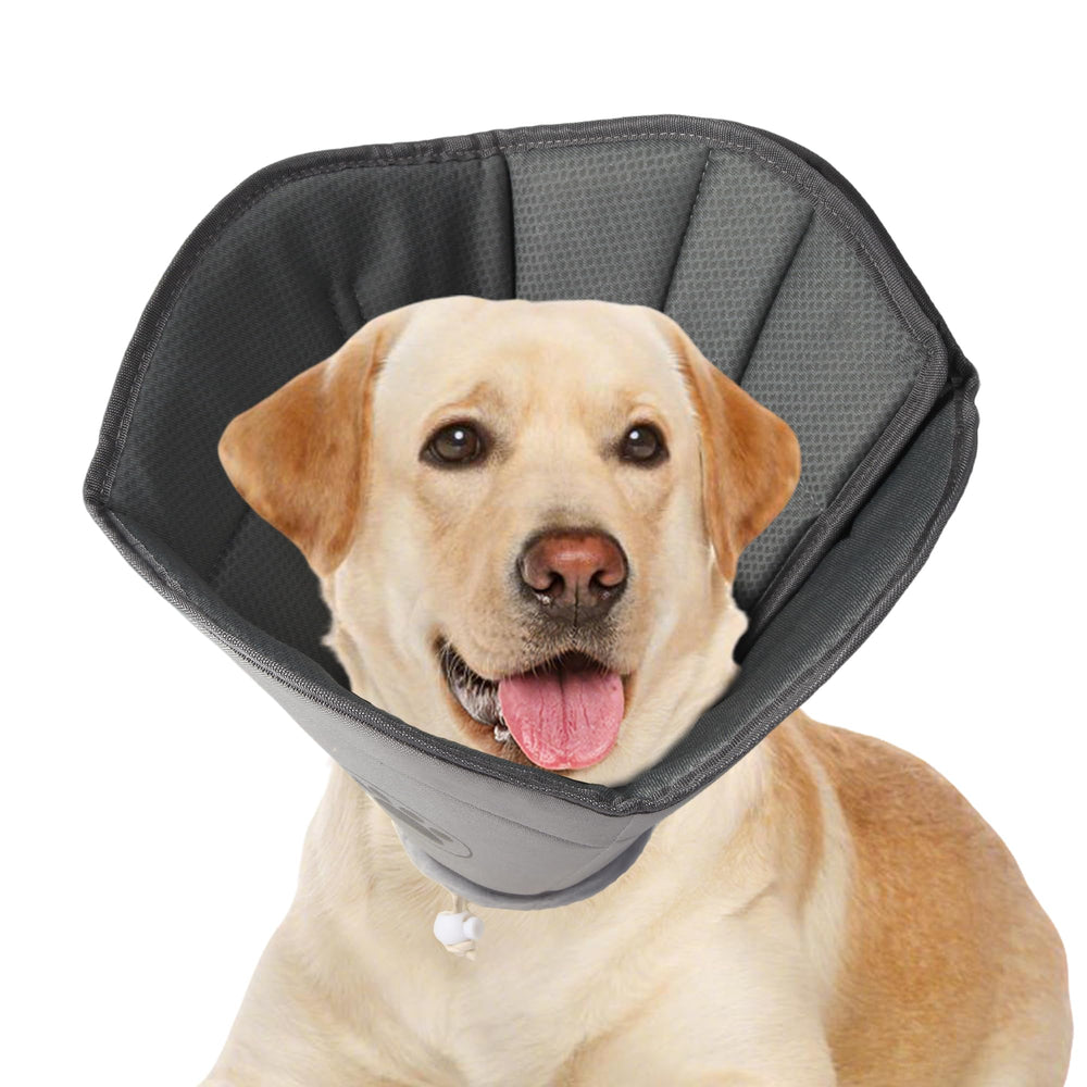 Gmkato soft dog cone grey close-up showcasing comfortable wear after surgery