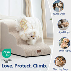 GoGoBunny four-step stairs beige ramp helps dogs climb onto couches safely.