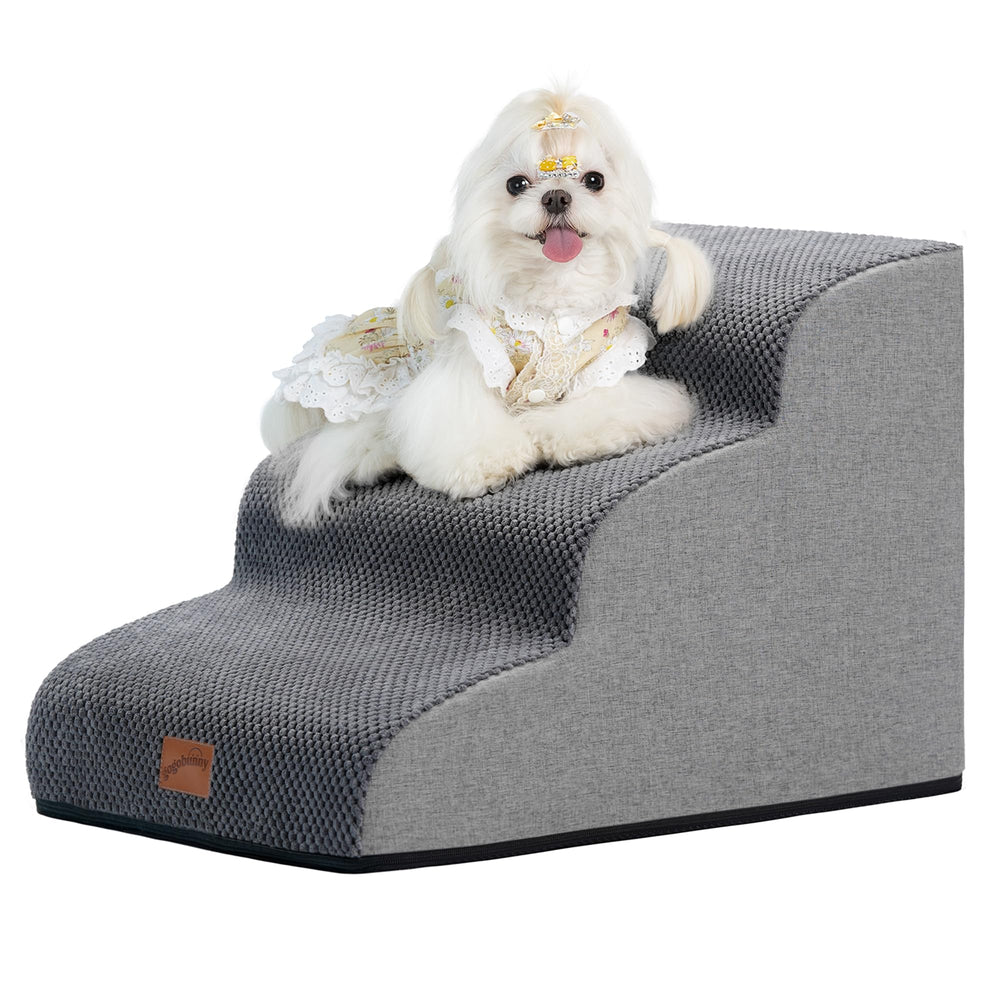 GoGoBunny Ramp Dog Stairs side view highlights compact 3-step design for sofa access.