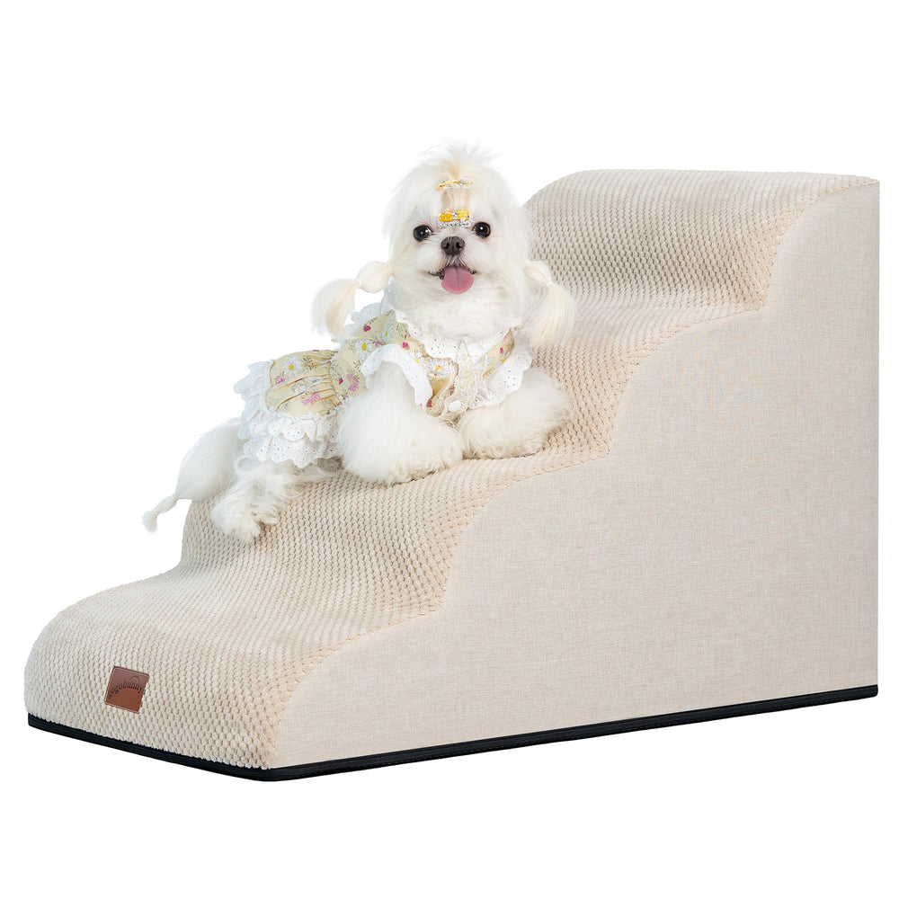 GoGoBunny waterproof-foam curved dog stairs setup-ready after expansion for easy pet access.