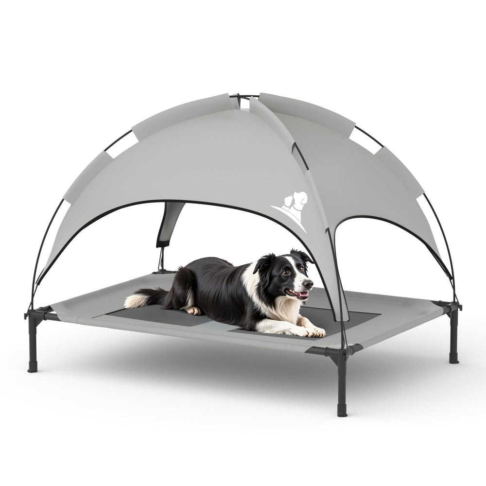 GOJOOASIS outdoor dog bed with canopy side view for breathable elevated lounging.