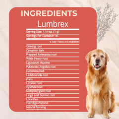 Gold Standard Herbs Lumbrex being poured over dog food for mixing.