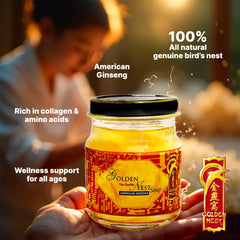 Golden Nest Premium Bird Nest Soup bottle side view highlights compact packaging.