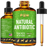 Golden Paw antibiotics drops bottle shows a natural formula for pets' digestive support.