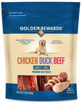 Golden Rewards 12oz jerky packaging showcases wholesome ingredients for training rewards.