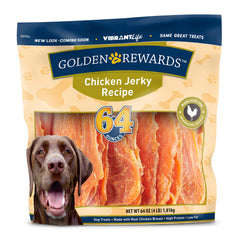 Golden Rewards chicken jerky 64oz packaging highlighting protein-rich bites for daily rewards