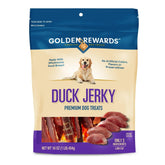 Golden Rewards Duck Jerky packaging front showing real-duck treats for dogs