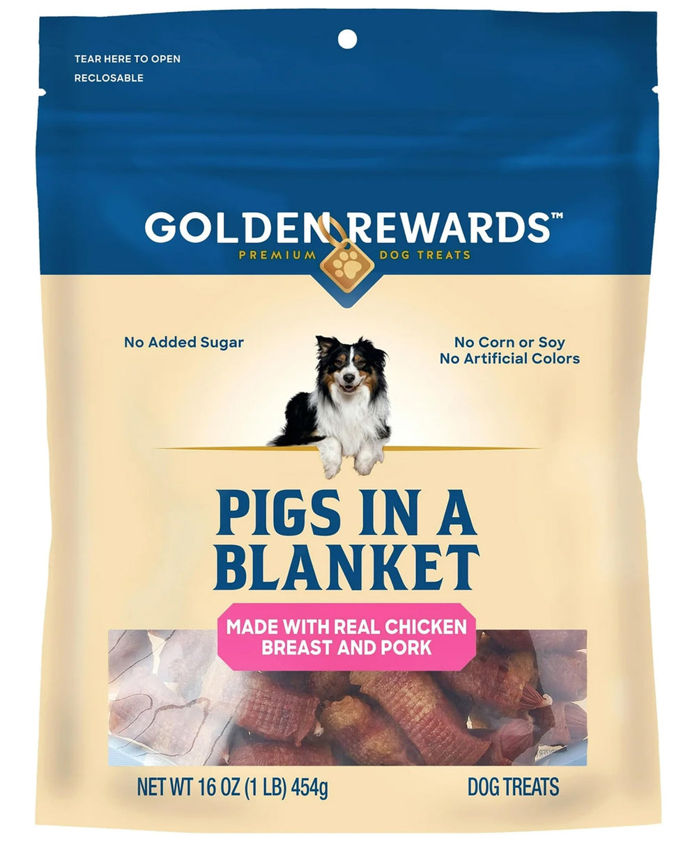 Golden Rewards pigs-in-a-blanket dog treats bag — resealable for on-the-go rewards