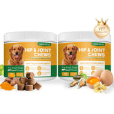 GOLDENVET Hip and Joint Chews bottle close-up highlighting mobility support.