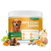 GOLDENVET hip joint chews bottle closeup showing joint support for aging dogs