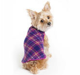 Gold Paw Stretchy Fleece Jacket on small dog wearing mulberry plaid for warmth and comfort.