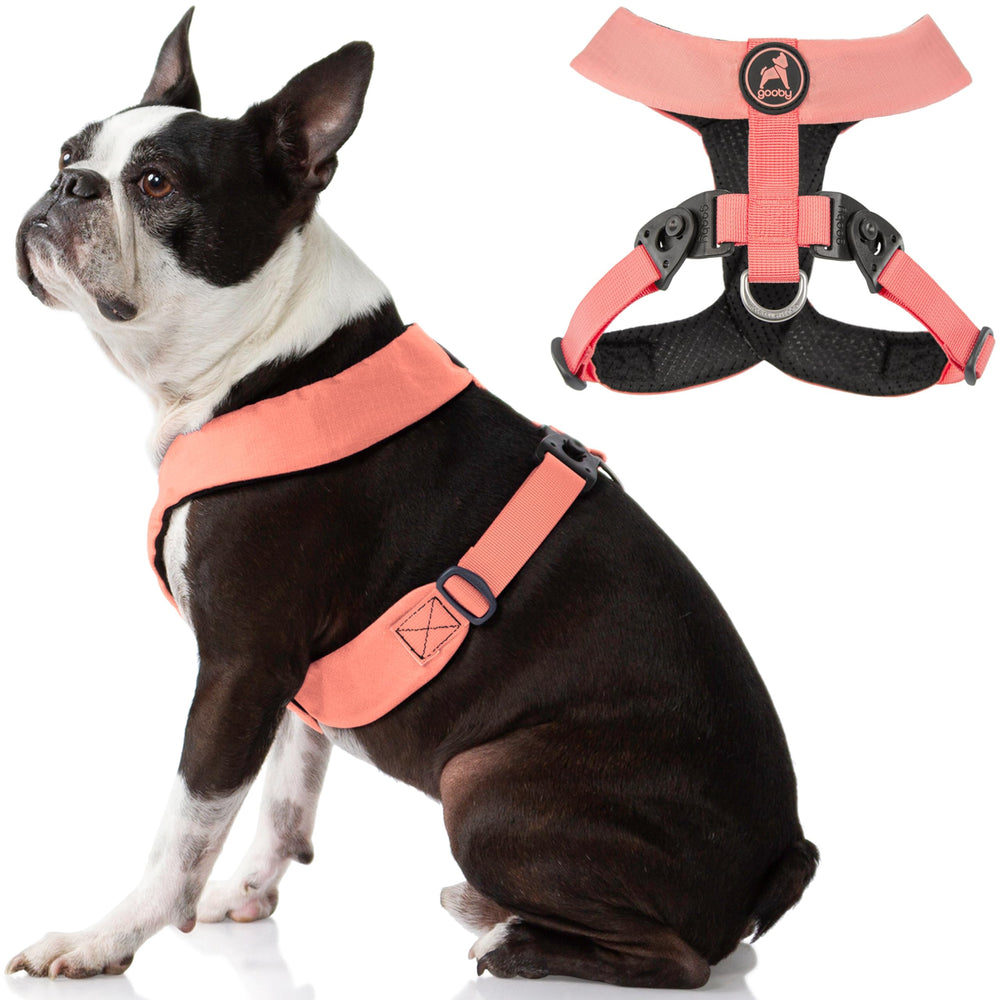 Gooby Comfort X Harness Dual Snap pink medium front view demonstrates easy, comfortable daily-walk fit.