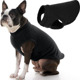 Gooby Stretch Fleece Sweater on dog back shows snug, flexible warmth for all sizes