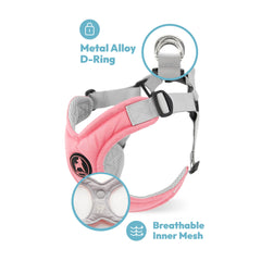 Gooby turquoise memory foam harness large material closeup demonstrates scratch resistance for daily walks.