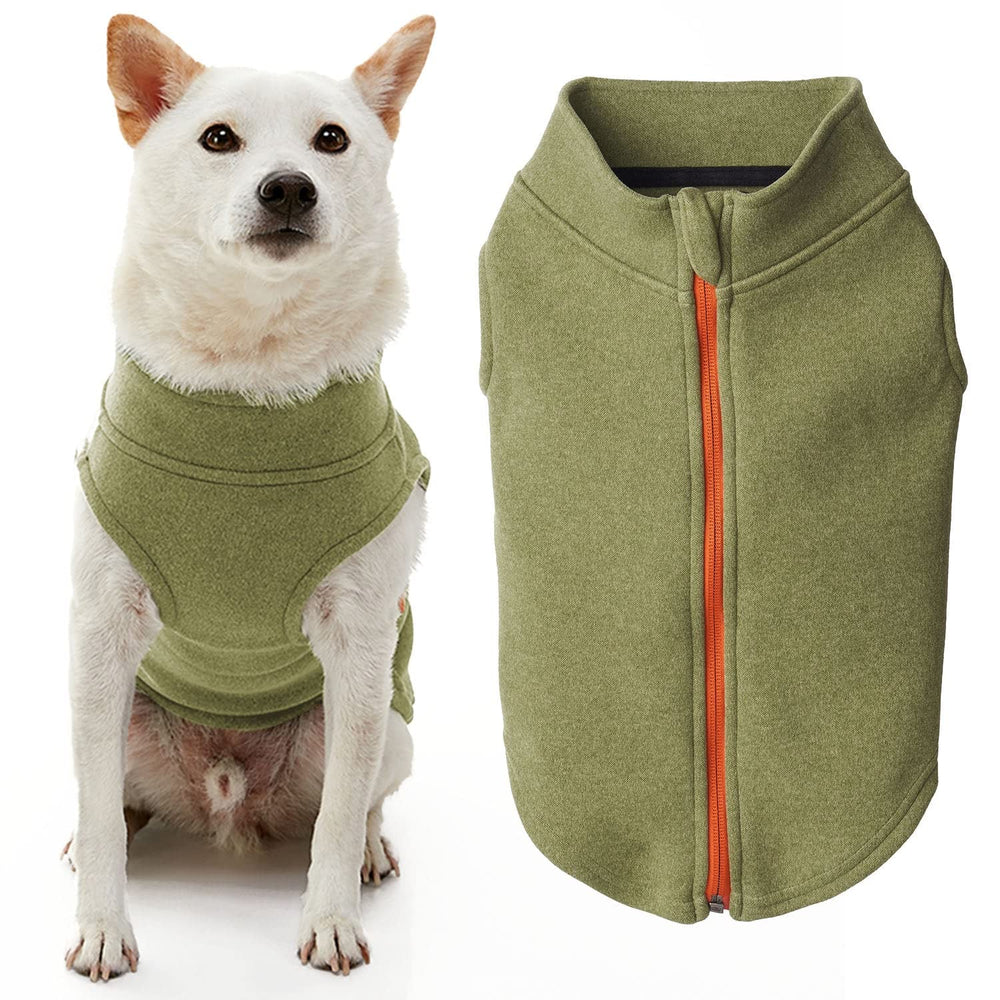 Gooby zip-up microfiber fleece dog vest green front view showing warm double-layer insulation.