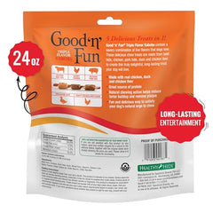 Good 'n' Fun Triple Flavor Kabobs chews bag back with feeding directions and sizing.
