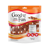 Good 'n' Fun Triple Flavor Kabobs chews bag front for protein-packed dog treats.