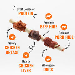 Good 'n' Fun Triple Flavor Kabobs chews close-up of beef hide and wrap.