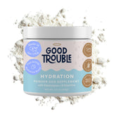 Good Trouble Pets beef hydration powder bottle showing electrolytes for steady energy