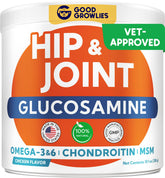 GOODGROWLIES glucosamine dog bottle front shows joint-support packaging.