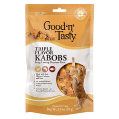 Good'n'Fun Triple Flavor Kabobs closeup ingredients reveal real chicken salmon tuna flavors