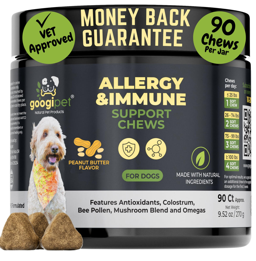 GOOGIPET Dog Allergy Chews packaging shows peanut butter flavor and vet-approved support.
