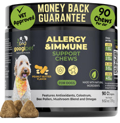GOOGIPET Dog Allergy Chews packaging shows peanut butter flavor and vet-approved support.