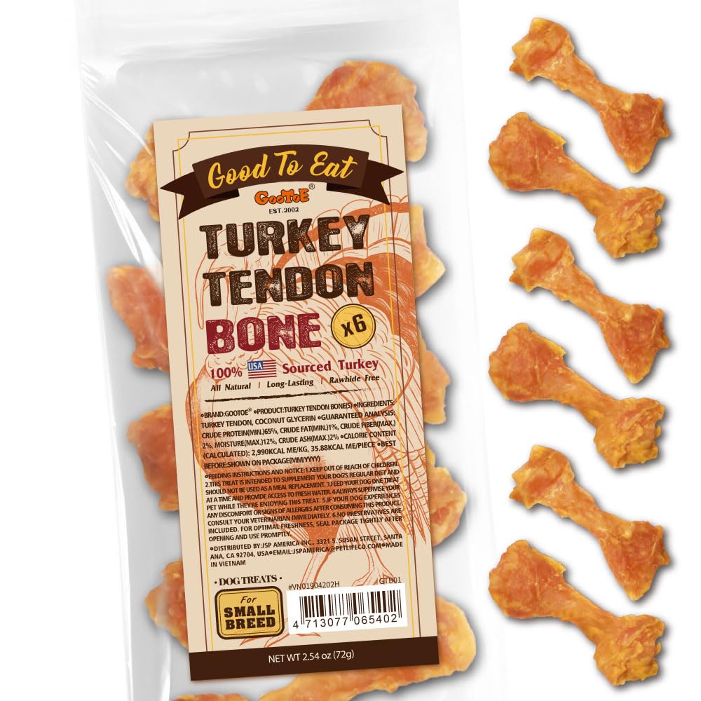 Gootoe turkey tendon pack 6-count showing a long-lasting chew for dogs.