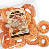 Gootoe turkey tendons dog treat ring-m pack closeup highlighting long-lasting chew
