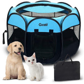 Goozii dog playpen in blue folded for easy transport and storage
