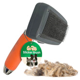 GoPets self-cleaning slicker brush for dogs and cats showing smooth detangling and shine benefits.