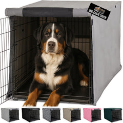 Gorilla Grip dog crate cover on a 48-inch gray crate, front view for calm space.