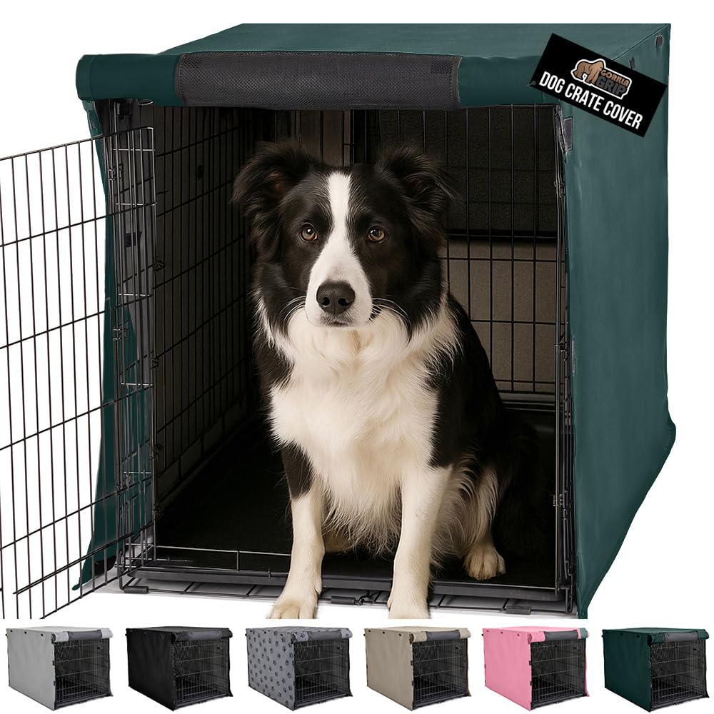Gorilla Grip dog crate cover front view with privacy and breathable mesh windows for calm rest.
