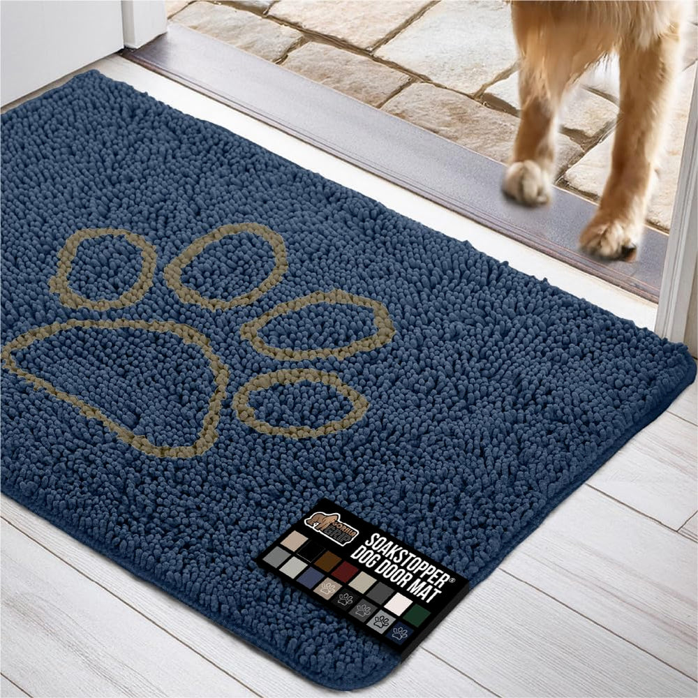 GORILLA GRIP SoakStopper dog door mat navy full view captures muddy paw moisture.