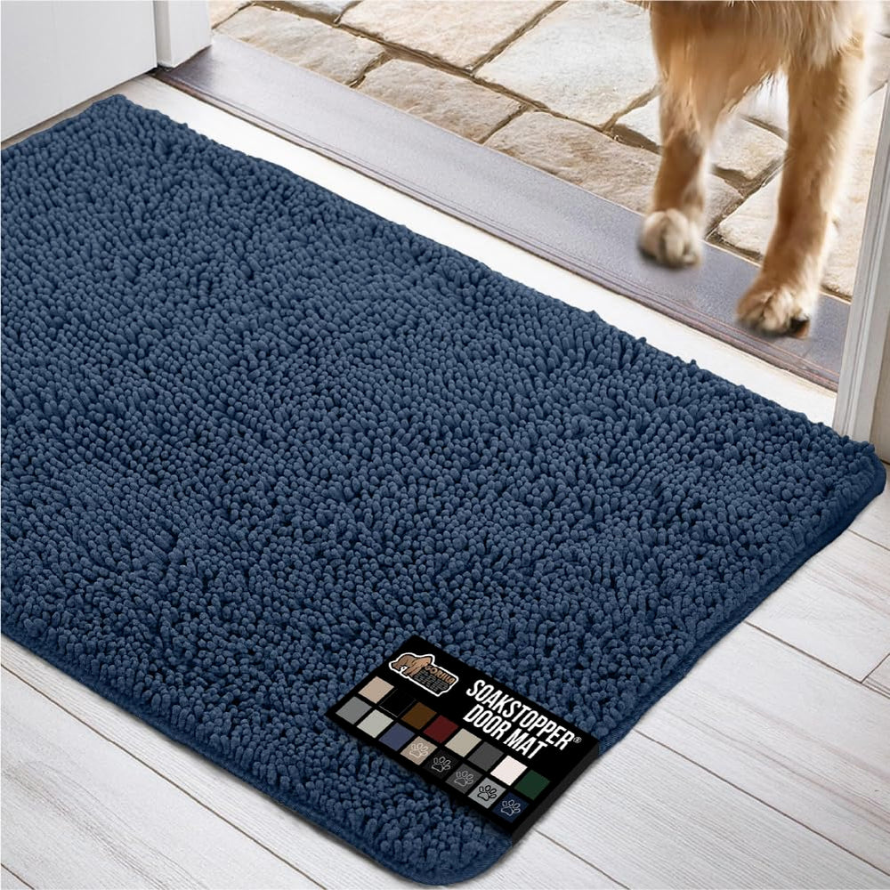 GORILLA GRIP SOAKSTOPPER door mat top view highlights plush navy chenille for quick moisture pickup.