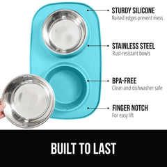 GORILLA GRIP stainless steel bowls in turquoise offer durable, easy-clean feeding