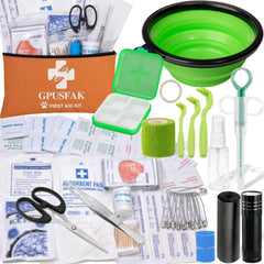 GPUSFAK Pet First Aid Kit contents with bandages and tweezers for quick care.