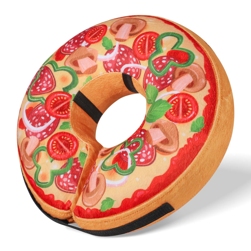 Grand Line Pizza inflatable collar for dogs — front view; prevents licking while allowing mobility.