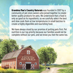 Grandma Mae's Country Naturals ingredients close-up with chicken and oats for digestion