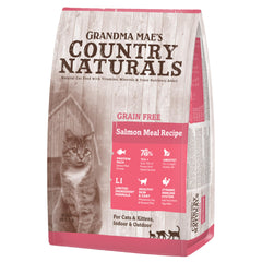 Grandma Mae's Country Naturals salmon grain-free dry cat food bag for grain-free meals.