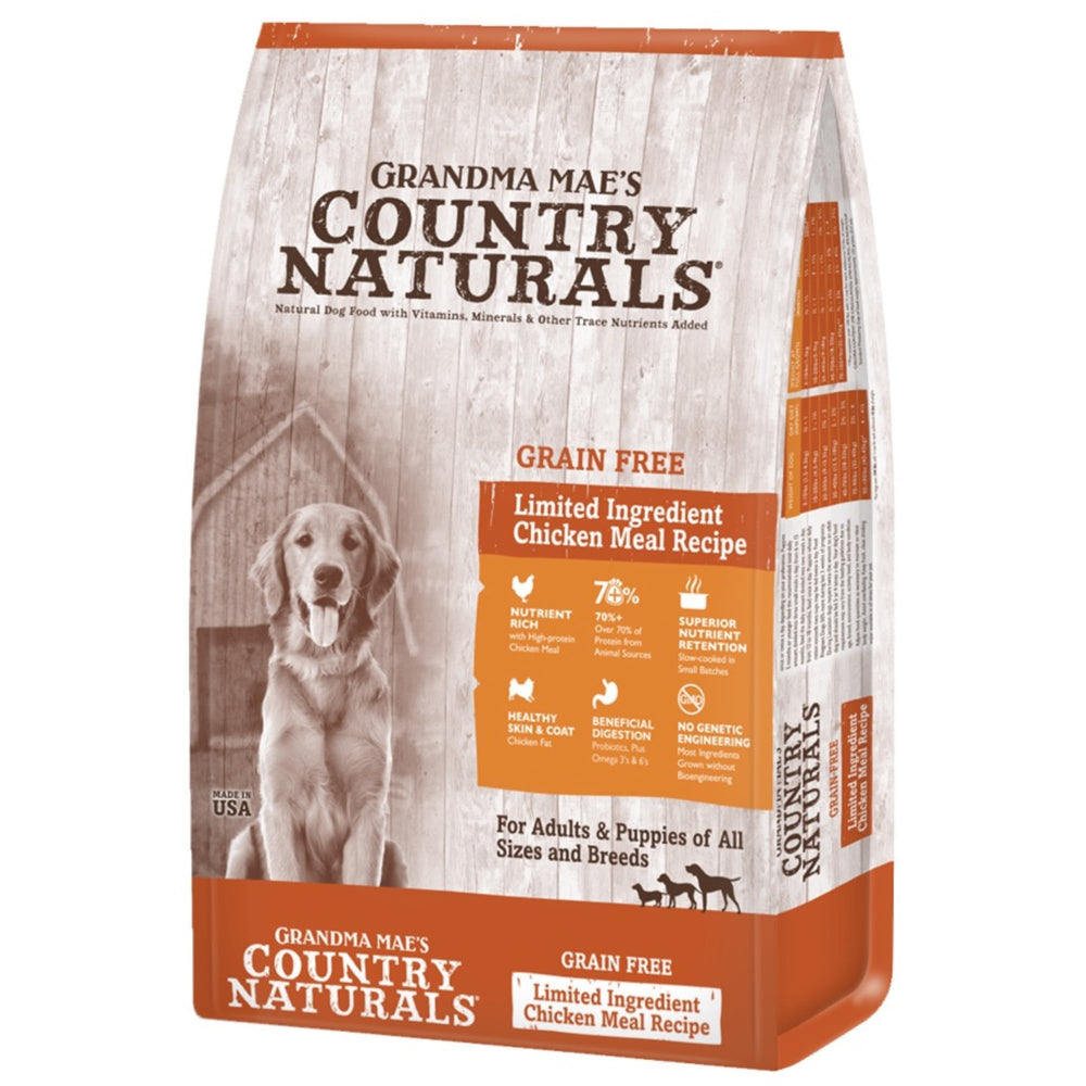 Grandma Mae's Dry Dog Food chicken bag front highlights grain-free nutrition