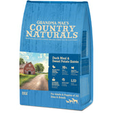 Grandma Mae's Duck & Sweet Potato dry dog food bag highlights real protein and wholesome grains.