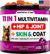 Grateful Pawz dog multivitamin chewable bottle-label highlights 11-in-1 formula