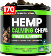 Grateful Pawz hemp calming chews jar close-up promising anxiety relief during storms