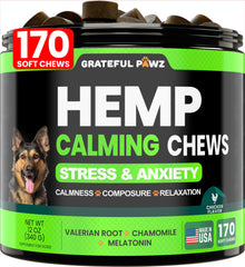 Grateful Pawz hemp calming chews jar close-up promising anxiety relief during storms