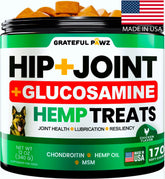 Grateful Pawz hip-joint supplement bottle promotes canine mobility and joint health