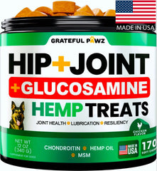 Grateful Pawz hip-joint supplement bottle promotes canine mobility and joint health
