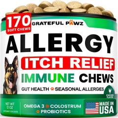 Grateful Pawz packaging for dog allergy chews shows convenient daily use