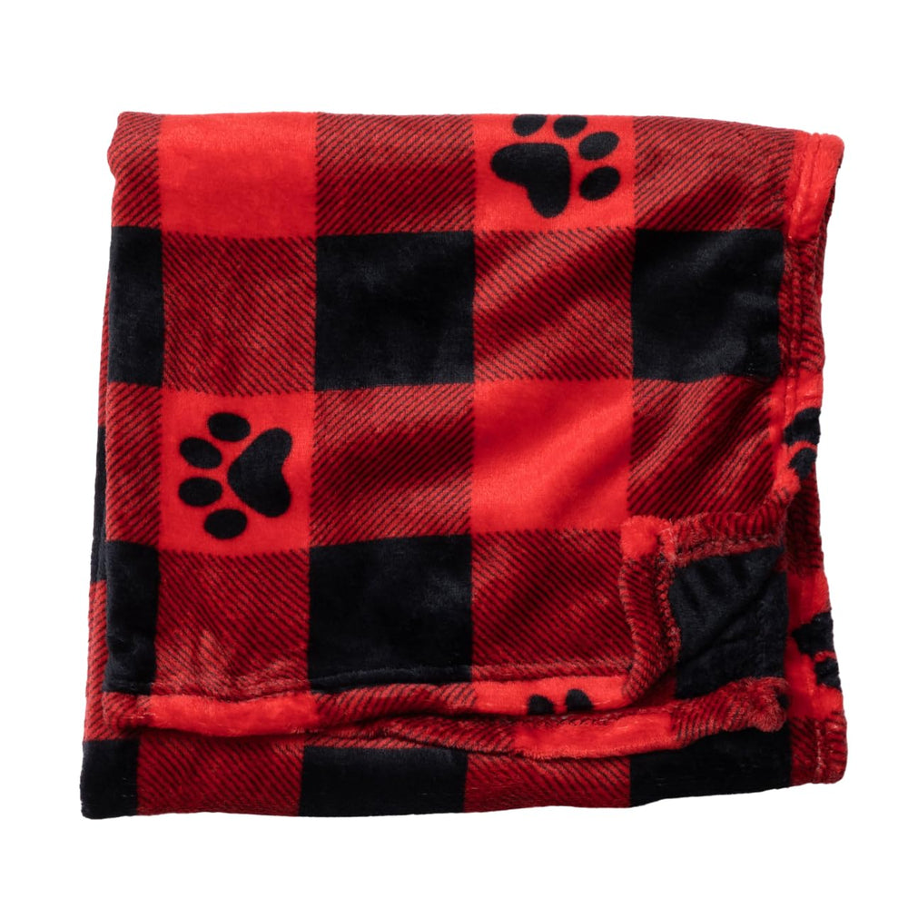 GreaterGood pet blanket Buffalo Paws close-up emphasizes ultra-soft fleece for cozy snuggles.